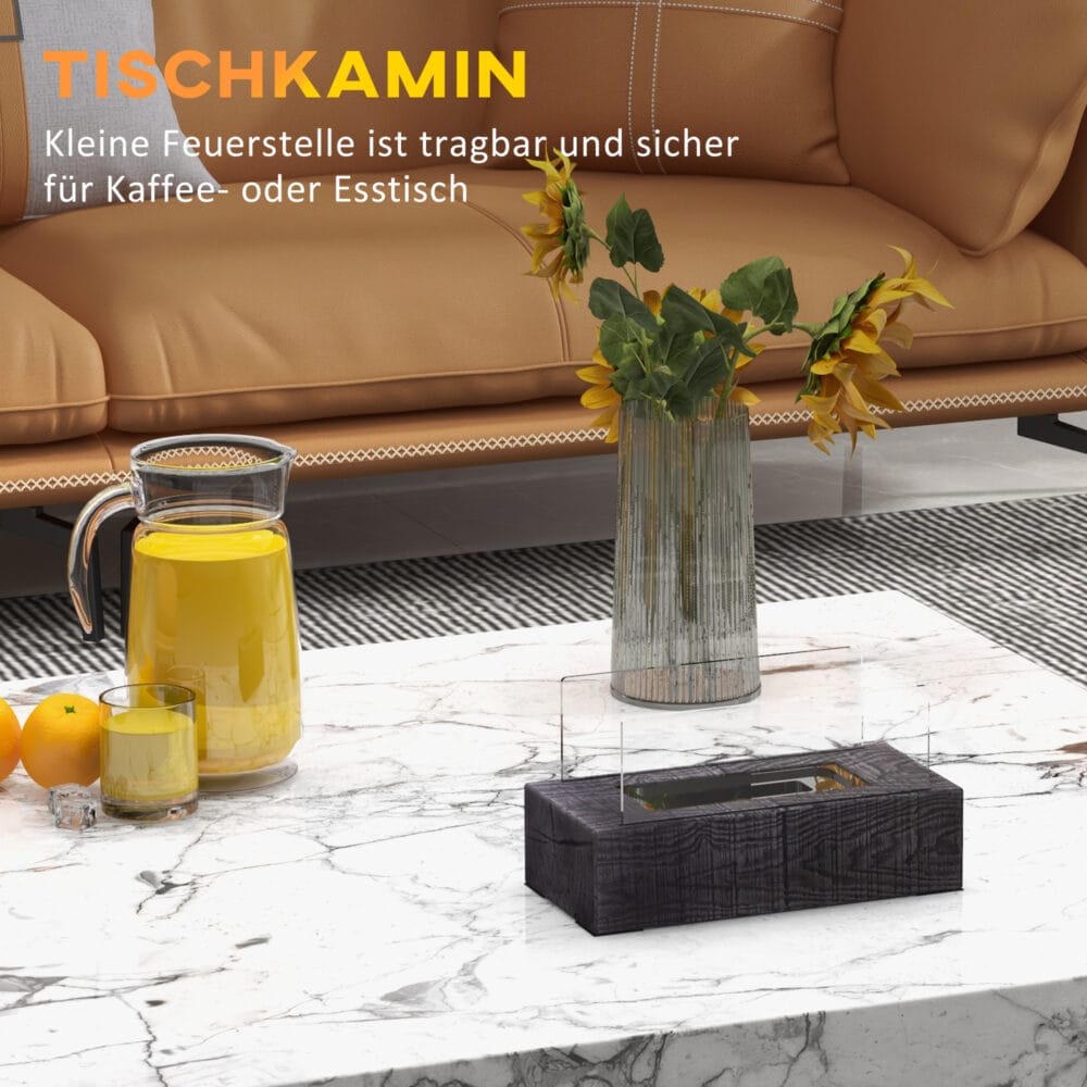 Tragbarer Tischkamin in stilvoller Holzoptik mit Bio-Ethanol-Betrieb.