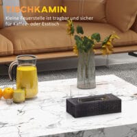 Tragbarer Tischkamin in stilvoller Holzoptik mit Bio-Ethanol-Betrieb.