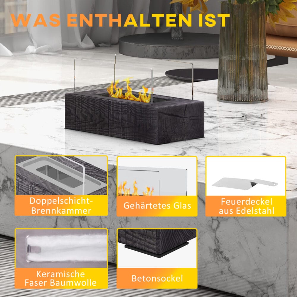 Tragbarer Tischkamin in stilvoller Holzoptik mit Bio-Ethanol-Betrieb.