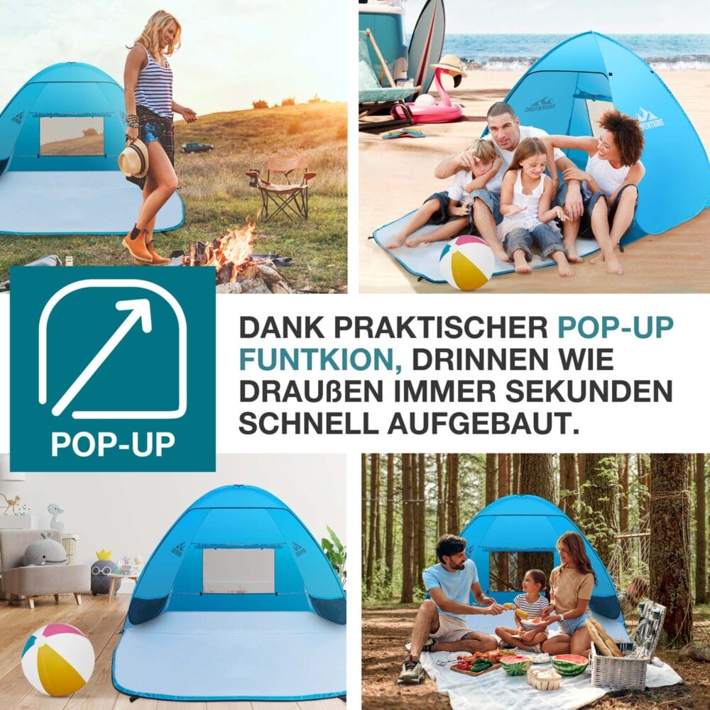 TOM Pop-Up Strandmuschel für 3 Personen mit UV-Schutz 50+ und Tragetasche.