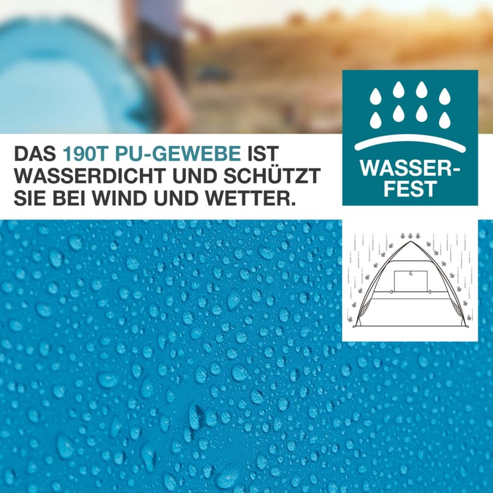 TOM Pop-Up Strandmuschel für 3 Personen mit UV-Schutz 50+ und Tragetasche.