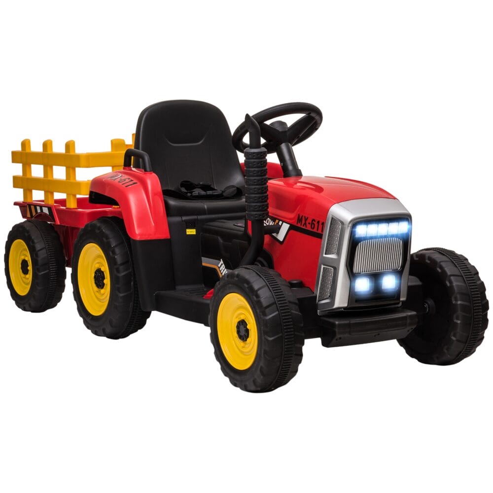 Roter Traktor als Elektroauto für Kinder von 3-6 Jahren, inklusive abnehmbarem Anhänger für realistisches Spielen.