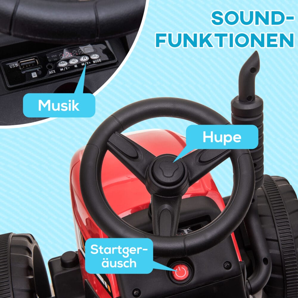Roter Traktor als Elektroauto für Kinder von 3-6 Jahren, inklusive abnehmbarem Anhänger für realistisches Spielen.