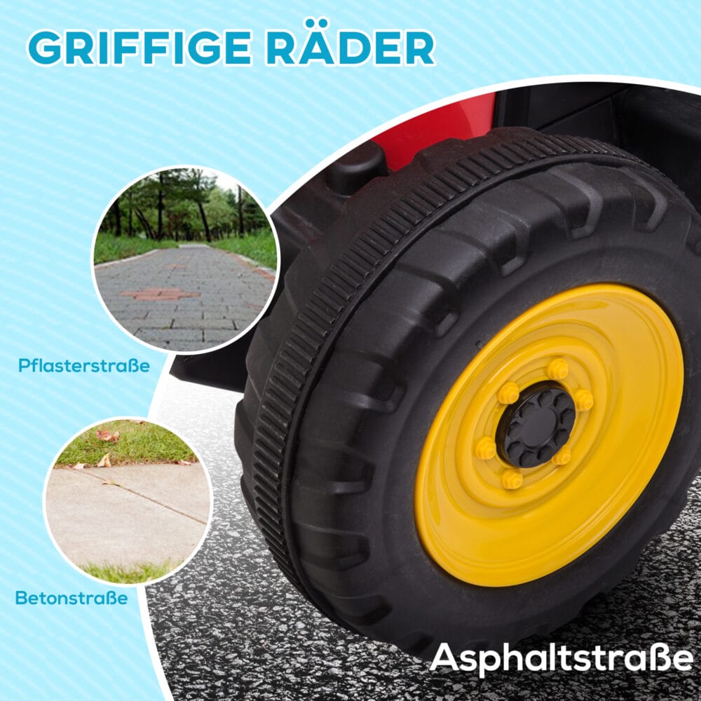 Roter Traktor als Elektroauto für Kinder von 3-6 Jahren, inklusive abnehmbarem Anhänger für realistisches Spielen.