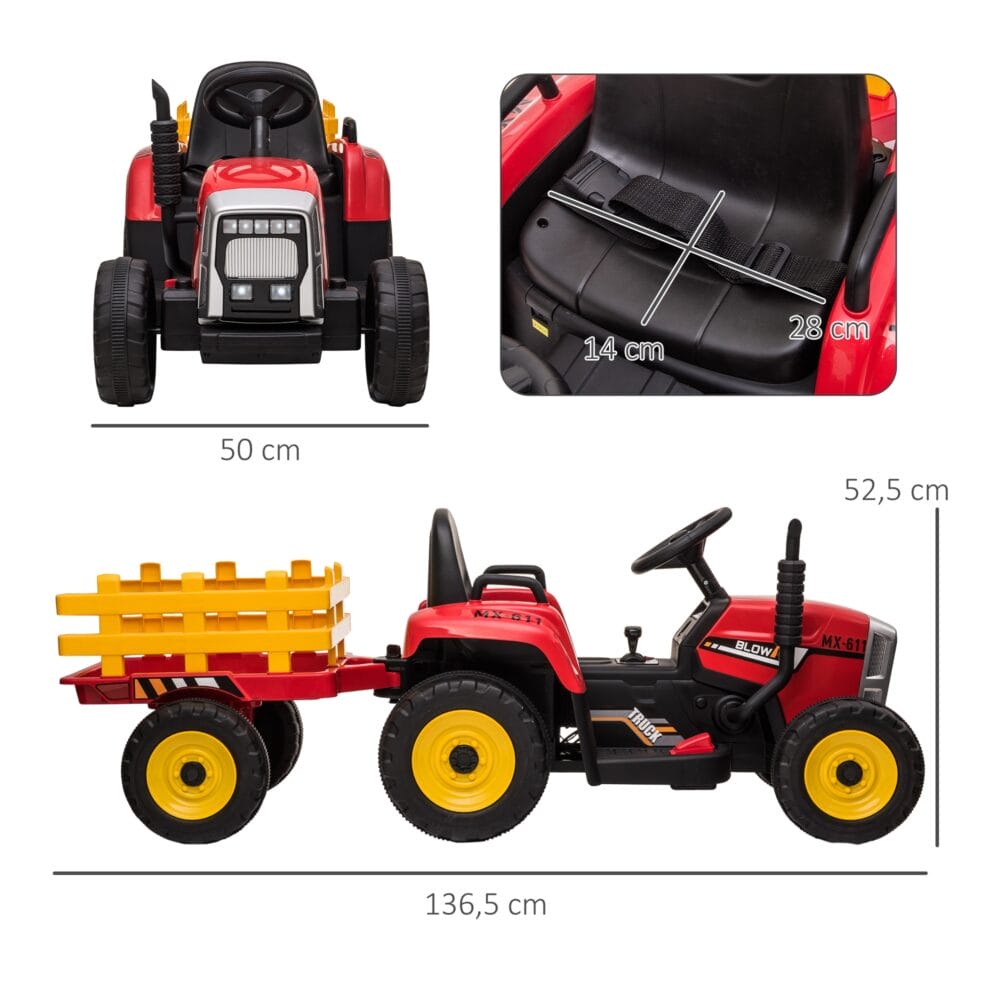 Roter Traktor als Elektroauto für Kinder von 3-6 Jahren, inklusive abnehmbarem Anhänger für realistisches Spielen.