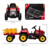 Roter Traktor als Elektroauto für Kinder von 3-6 Jahren, inklusive abnehmbarem Anhänger für realistisches Spielen.