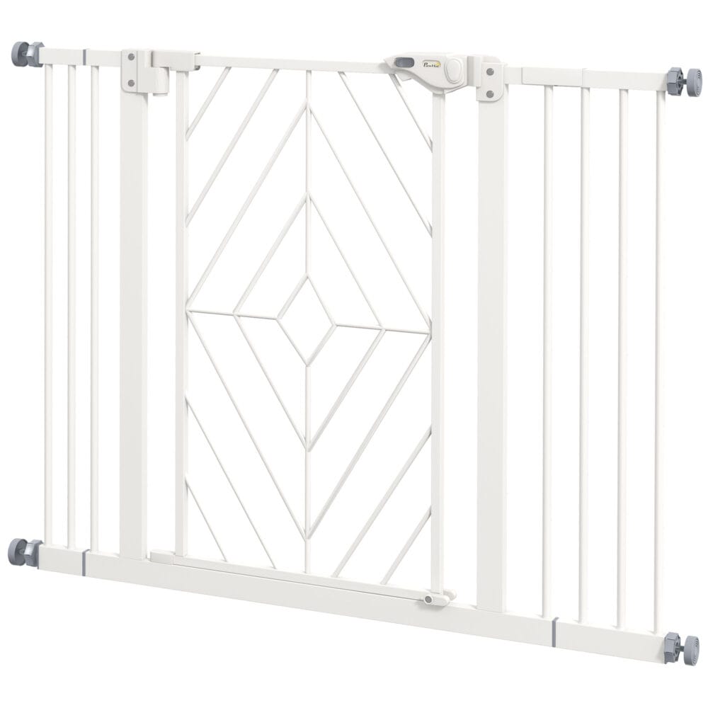Weisses Treppenschutzgitter 74-100cm ohne Bohren, mit automatischer Schliessfunktion für maximale Sicherheit.