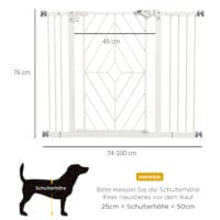 Weisses Treppenschutzgitter 74-100cm ohne Bohren, mit automatischer Schliessfunktion für maximale Sicherheit.