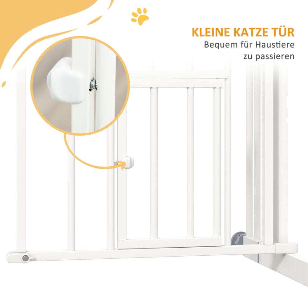 Weisses Treppenschutzgitter 74-100cm ohne Bohren, mit integrierter Katzenklappe für Haustiere und Kindersicherheit.