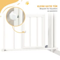 Weisses Treppenschutzgitter 74-100cm ohne Bohren, mit integrierter Katzenklappe für Haustiere und Kindersicherheit.