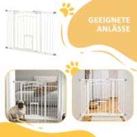 Weisses Treppenschutzgitter 74-100cm ohne Bohren, mit integrierter Katzenklappe für Haustiere und Kindersicherheit.
