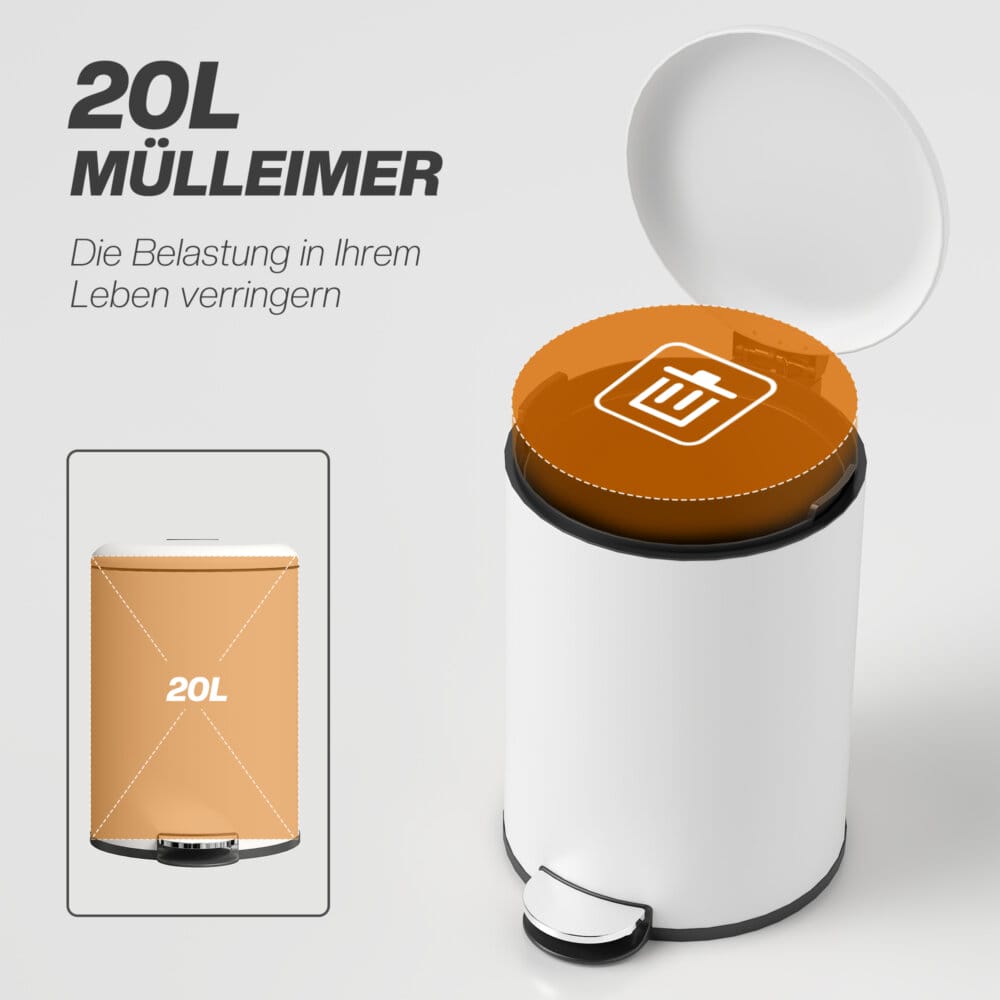 Ein cremeweisser Treteimer und Abfalleimer aus Metall mit 20 Litern Fassungsvermögen und Fusspedal.