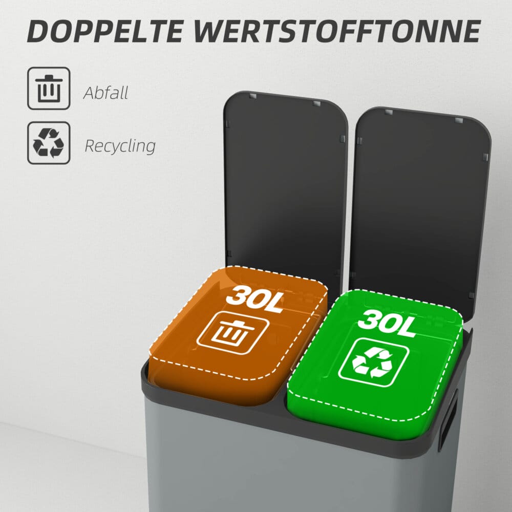 Ein grauer Treteimer und Abfalleimer aus Metall mit zwei Behältern à 30 Litern und Fusspedal.