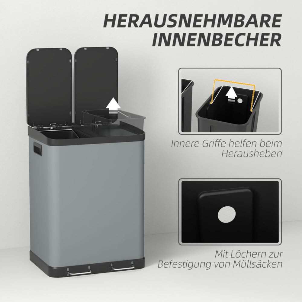Ein grauer Treteimer und Abfalleimer aus Metall mit zwei Behältern à 30 Litern und Fusspedal.