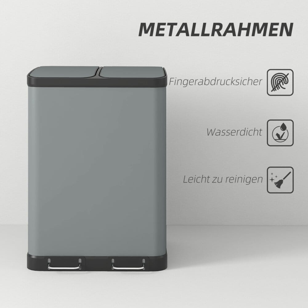 Ein grauer Treteimer und Abfalleimer aus Metall mit zwei Behältern à 30 Litern und Fusspedal.