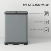 Ein grauer Treteimer und Abfalleimer aus Metall mit zwei Behältern à 30 Litern und Fusspedal.