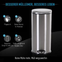 Ein silberner Treteimer und Abfalleimer aus Edelstahl mit 30 Litern Fassungsvermögen und Soft-Close-Funktion.