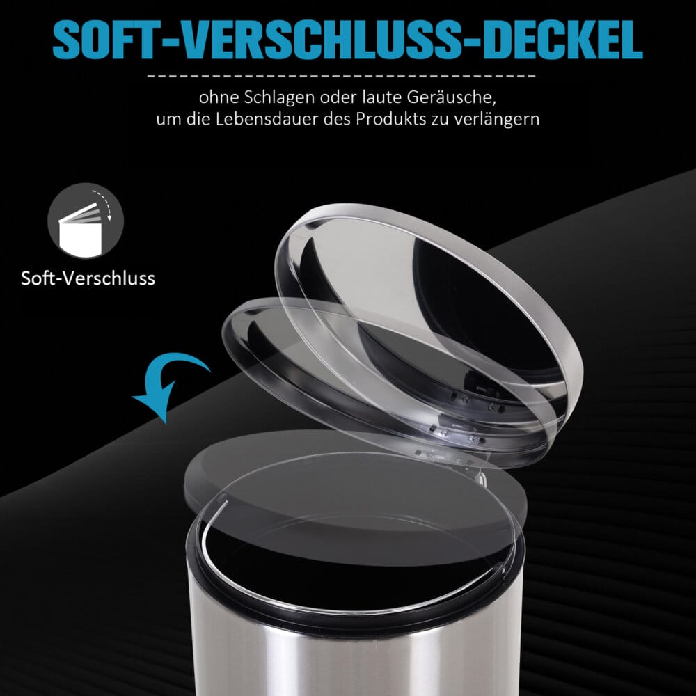 Ein silberner Treteimer und Abfalleimer aus Edelstahl mit 30 Litern Fassungsvermögen und Soft-Close-Funktion.