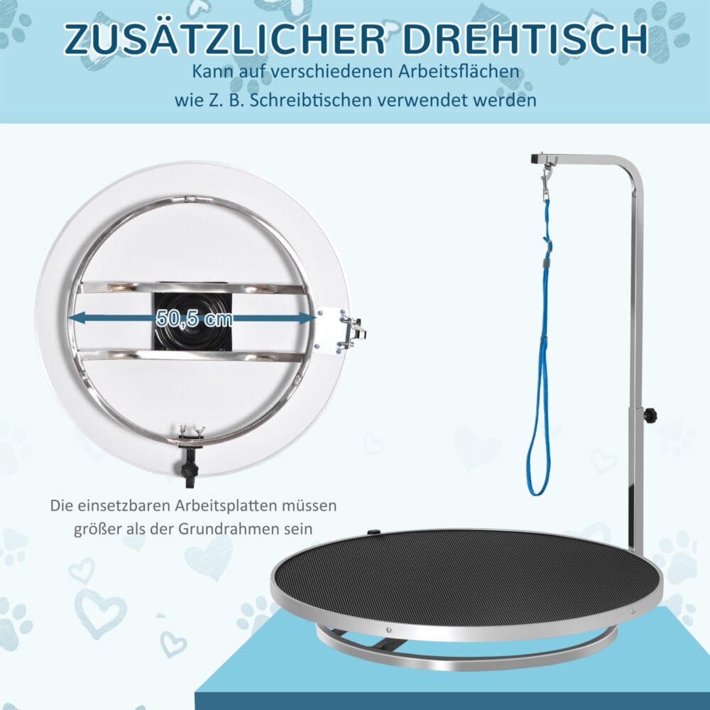 Drehbarer Trimmtisch aus Aluminium mit rutschfester Oberfläche.