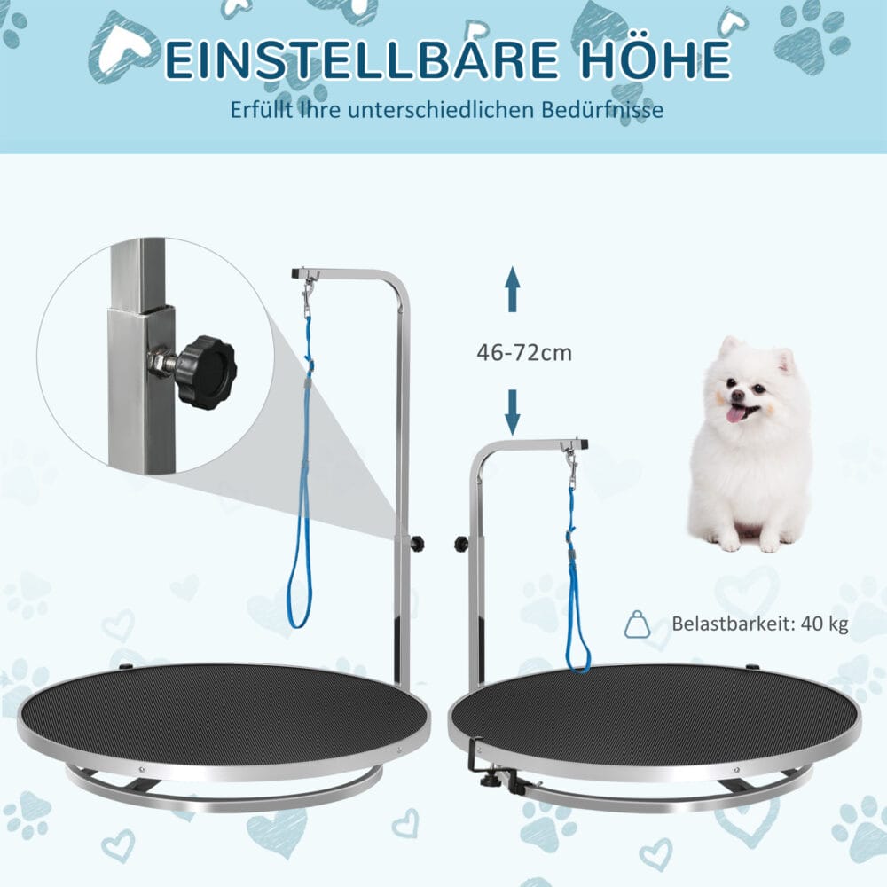 Drehbarer Trimmtisch aus Aluminium mit rutschfester Oberfläche.