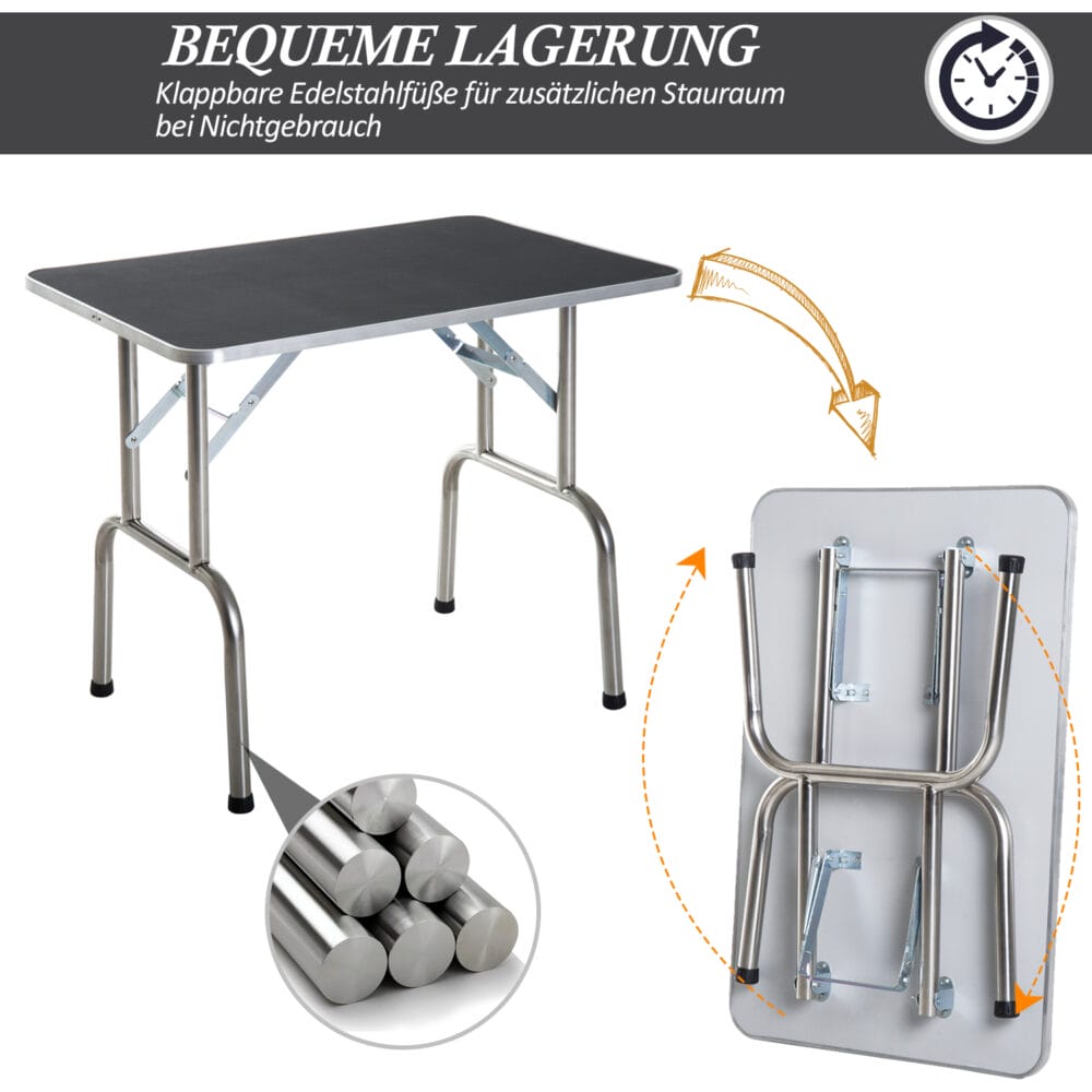 Schwarzer, klappbarer Trimmtisch für Hundepflege.