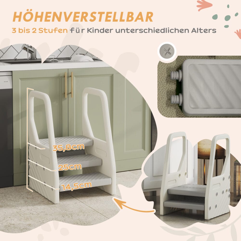 Grauer Tritthocker 3 Stufen höhenverstellbar mit Anti-Rutsch-Oberfläche für Kinder von 2 bis 5 Jahren, sichere Selbstständigkeit.