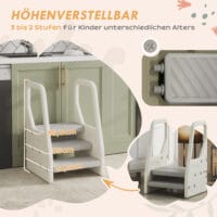 Grauer Tritthocker 3 Stufen höhenverstellbar mit Anti-Rutsch-Oberfläche für Kinder von 2 bis 5 Jahren, sichere Selbstständigkeit.