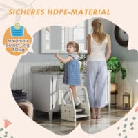 Grauer Tritthocker 3 Stufen höhenverstellbar mit Anti-Rutsch-Oberfläche für Kinder von 2 bis 5 Jahren, sichere Selbstständigkeit.