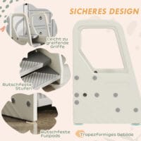 Grauer Tritthocker 3 Stufen höhenverstellbar mit Anti-Rutsch-Oberfläche für Kinder von 2 bis 5 Jahren, sichere Selbstständigkeit.