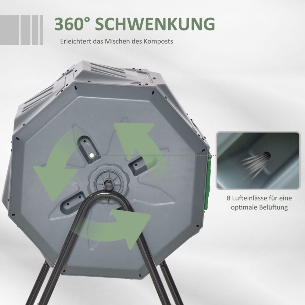 Trommel-Komposter 160L mit 2 Kammern zur getrennten Kompostierung, Grau.
