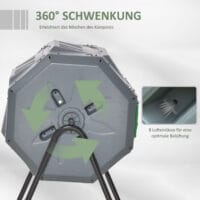Trommel-Komposter 160L mit 2 Kammern zur getrennten Kompostierung, Grau.