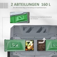 Trommel-Komposter 160L mit 2 Kammern zur getrennten Kompostierung, Grau.