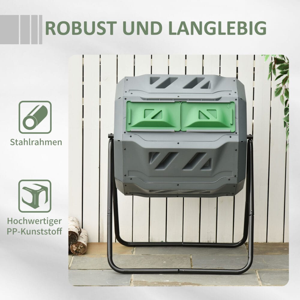 Trommel-Komposter 160L mit 2 Kammern zur getrennten Kompostierung, Grau.