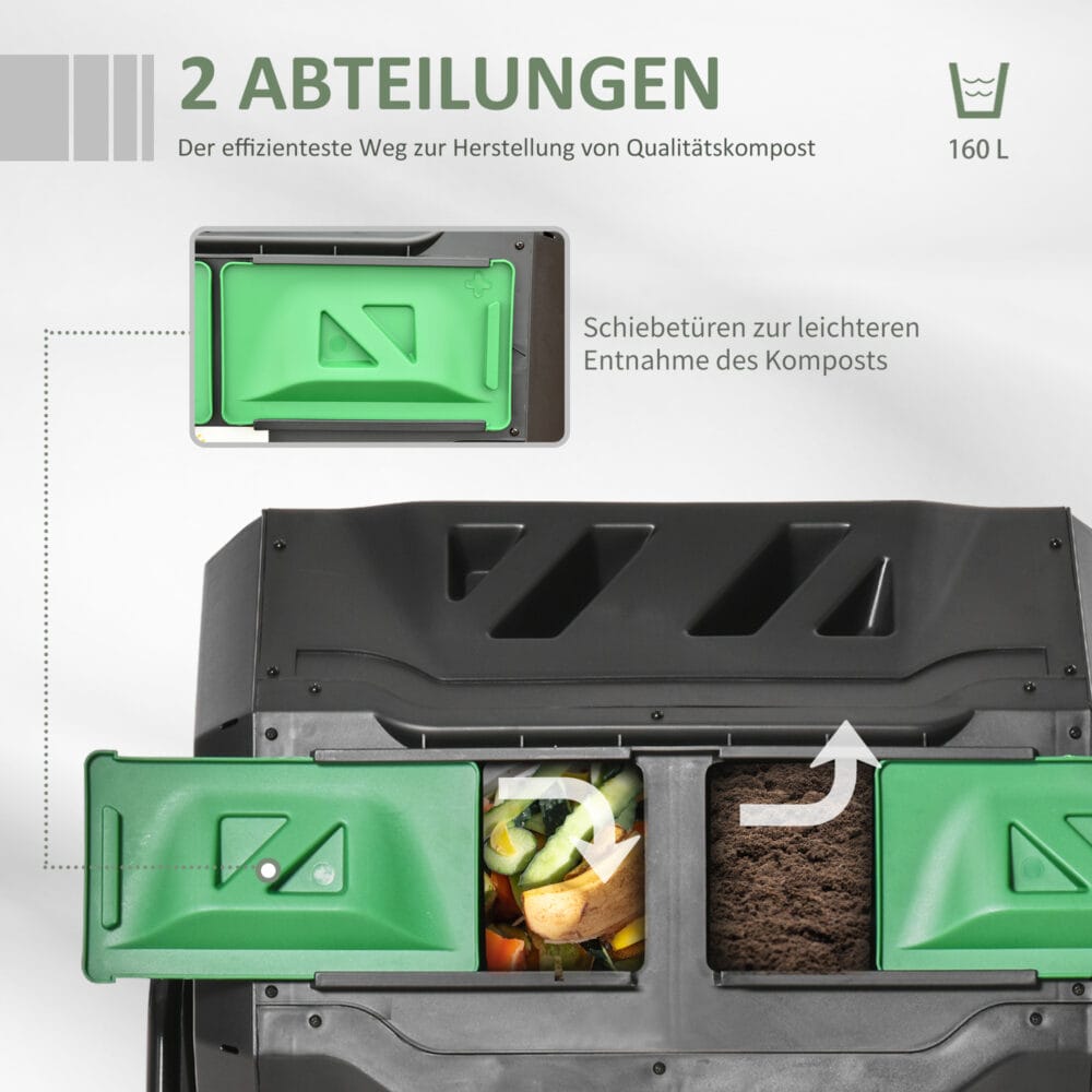 Trommel-Komposter 160L drehbar, ideal für Bio-Abfälle, Farbe Schwarz.