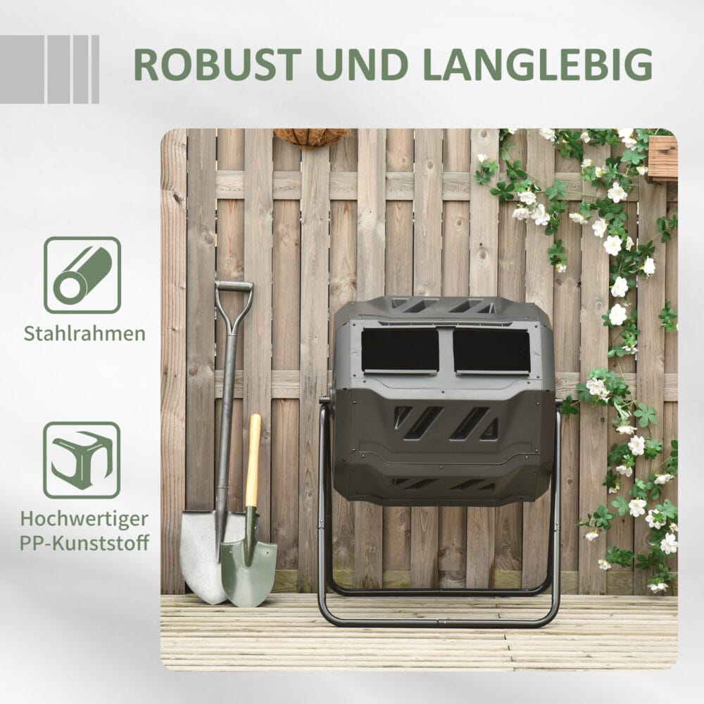 Trommel-Komposter 160L drehbar, ideal für Bio-Abfälle, Farbe Schwarz.