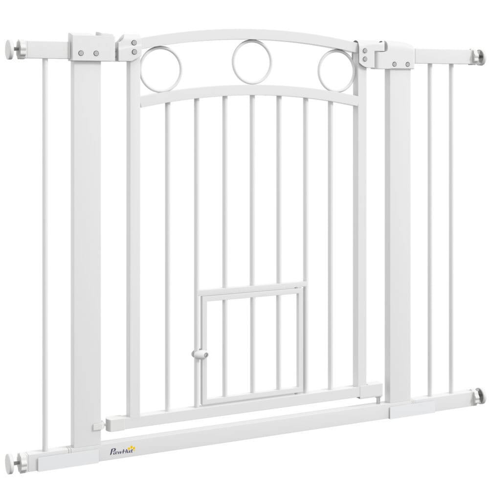 Ein weisses Türschutzgitter mit integrierter Katzentür, verstellbar von 76-104cm, geeignet für mittelgrosse Hunde.