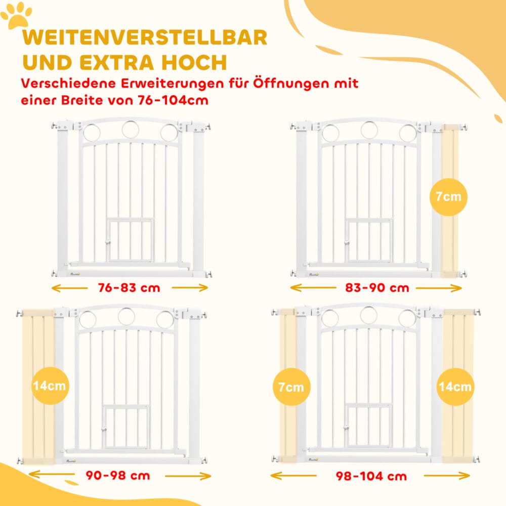 Ein weisses Türschutzgitter mit integrierter Katzentür, verstellbar von 76-104cm, geeignet für mittelgrosse Hunde.