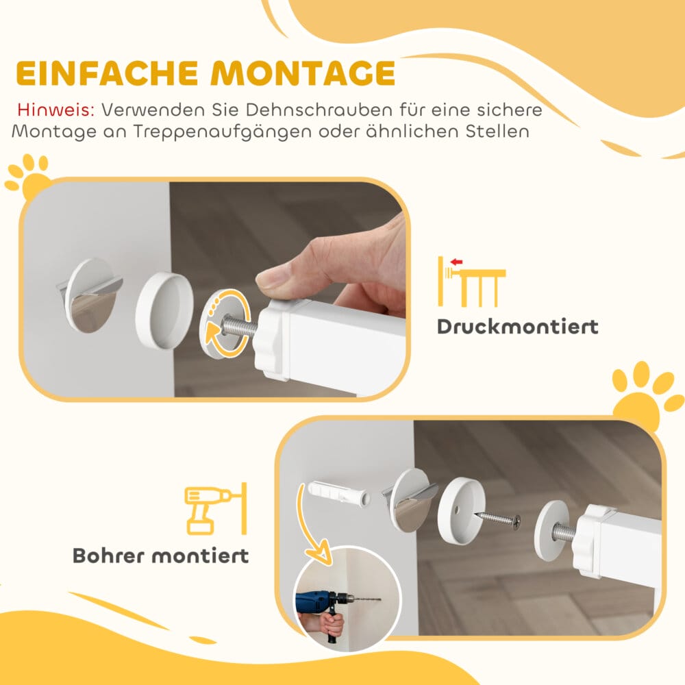 Ein weisses Türschutzgitter mit integrierter Katzentür, verstellbar von 76-104cm, geeignet für mittelgrosse Hunde.