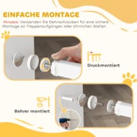 Ein weisses Türschutzgitter mit integrierter Katzentür, verstellbar von 76-104cm, geeignet für mittelgrosse Hunde.