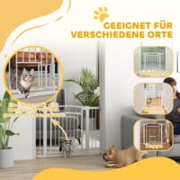 Ein weisses Türschutzgitter mit integrierter Katzentür, verstellbar von 76-104cm, geeignet für mittelgrosse Hunde.