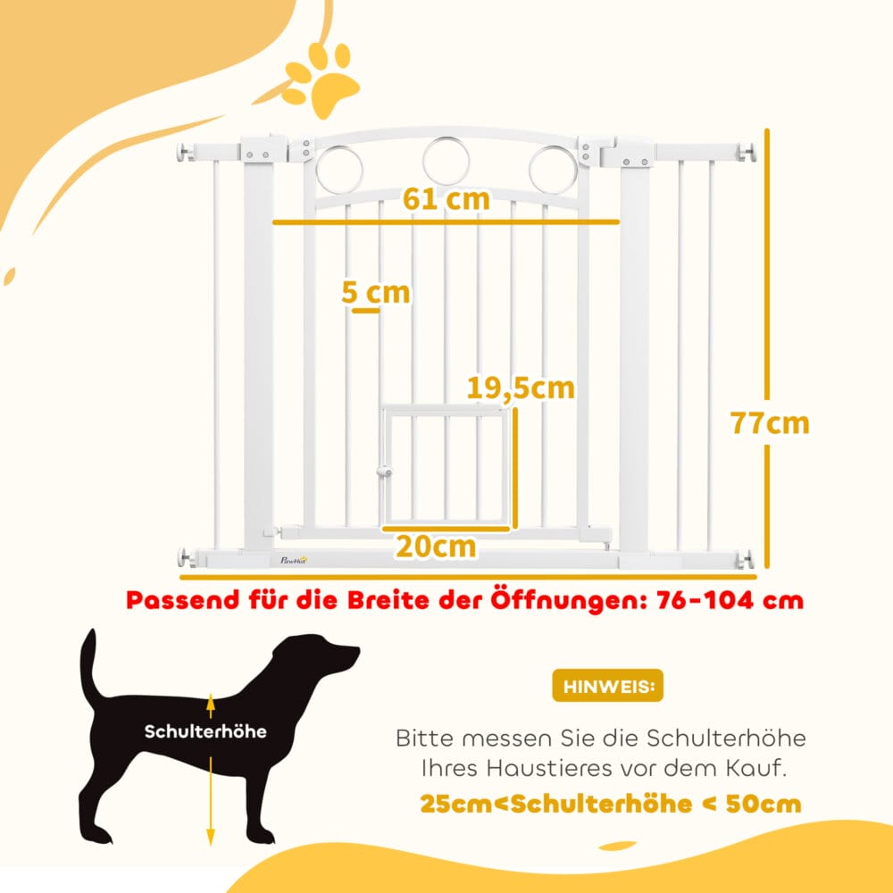 Ein weisses Türschutzgitter mit integrierter Katzentür, verstellbar von 76-104cm, geeignet für mittelgrosse Hunde.