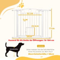 Ein weisses Türschutzgitter mit integrierter Katzentür, verstellbar von 76-104cm, geeignet für mittelgrosse Hunde.
