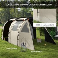 Tunnelzelt für 5 Personen mit 2 Räumen, wasserdicht 3000 mm, Farbe Khaki.