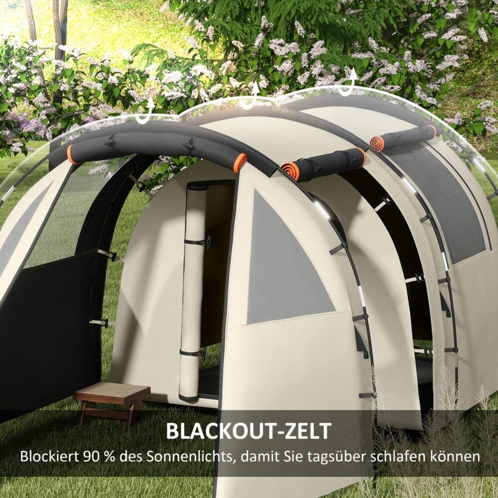 Tunnelzelt für 5 Personen mit 2 Räumen, wasserdicht 3000 mm, Farbe Khaki.