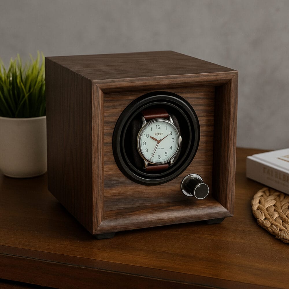 Seitliche Ansicht im Ambiente Uhrenbeweger Mr. Smith – Dunkelbraun Holzoptik, elegantes Design für eine Automatikuhr