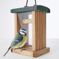 Vogelfutterhaus Grünspitz mit Plexiglasscheiben und Aufhängung.
