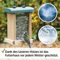 Vogelfutterhaus Grünspitz mit Plexiglasscheiben und Aufhängung.