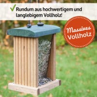 Vogelfutterhaus Grünspitz mit Plexiglasscheiben und Aufhängung.