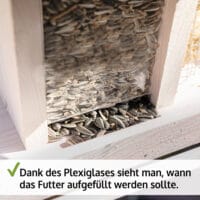 Vogelhaus Futterküche, wetterfest und aus Holz, mit befüllbarem Dach.