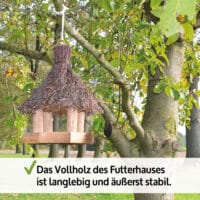 Wetterfestes Vogelhaus Naturblick aus Holz mit Reisigdach und Aufhängering.